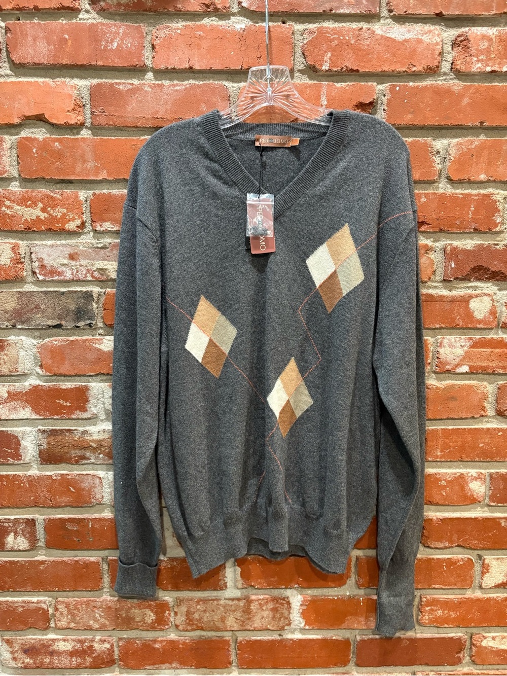 NWT Per Me Uomo Argyle V-Neck Sweater Mens Large Charcoal Gray Knit Pullover